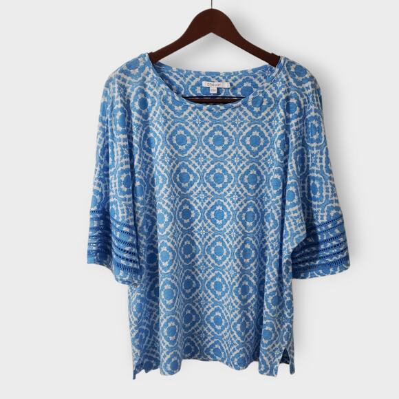Chico's Blue Geo Print Linen Dolman Top Sz 3 (XL) Summer Coastal Beachy Casual - Picture 1 of 12